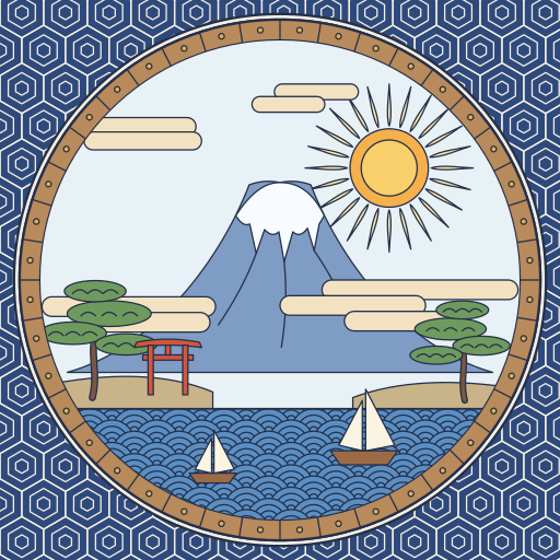 丸窓から見た富士山と海、帆掛け船と鳥居