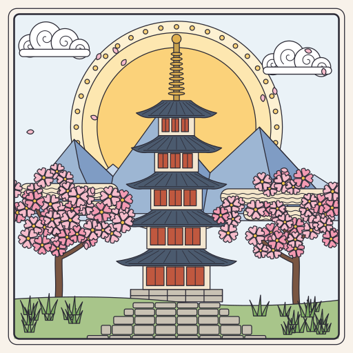日輪を背にした五重塔と、両側に咲く桜の木
