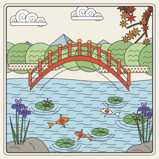 池にかかる太鼓橋と、鯉や睡蓮、菖蒲の咲く庭園