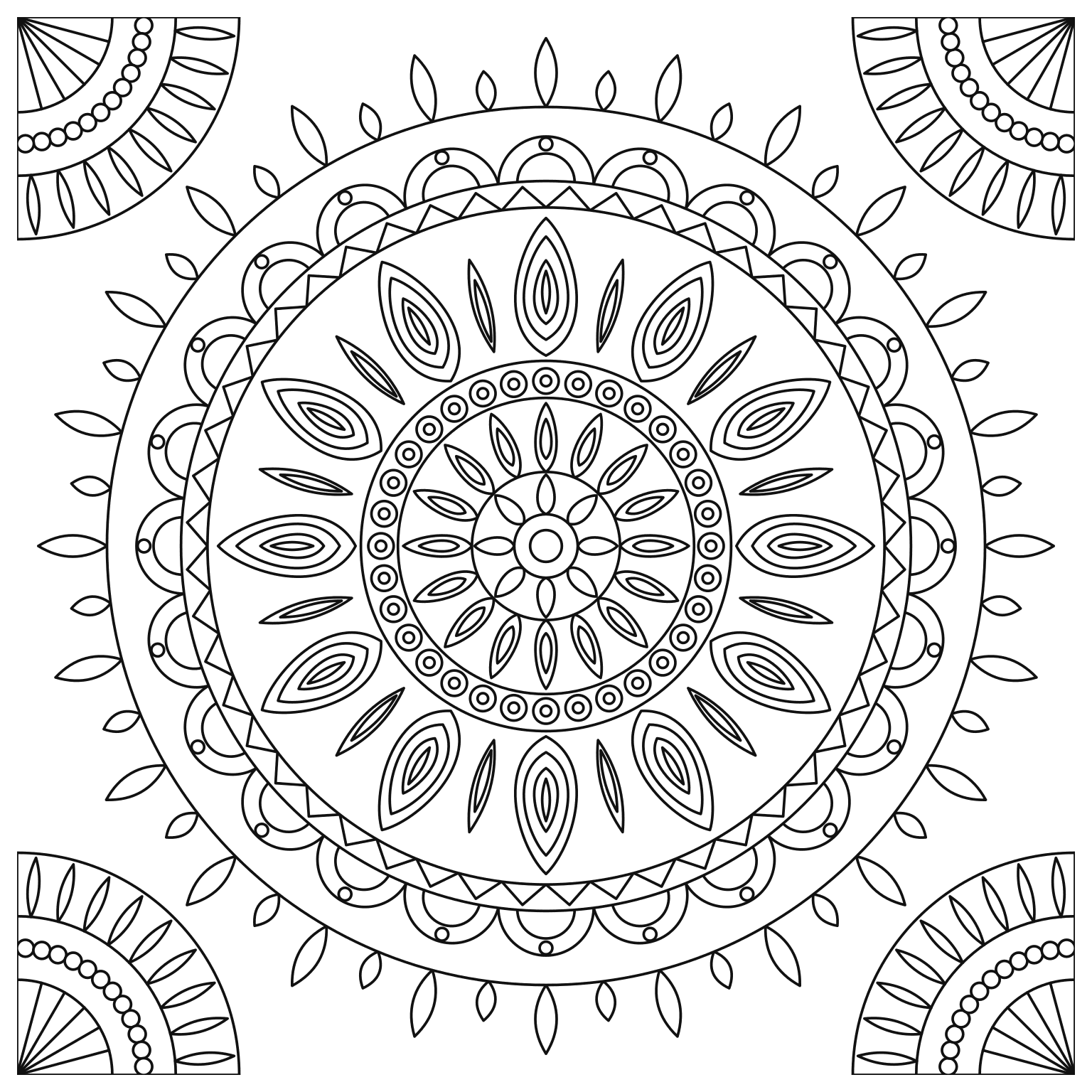 蓮の花びらのマンダラのぬりえ用線画（マンダラ・和柄・花・風景の大人のぬりえ20枚）