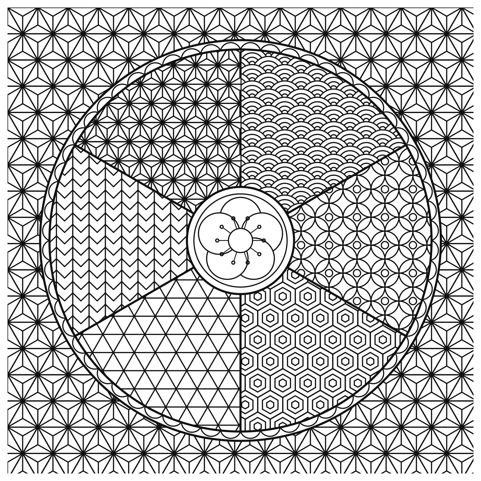 六つの和柄と梅の丸のぬりえ用線画