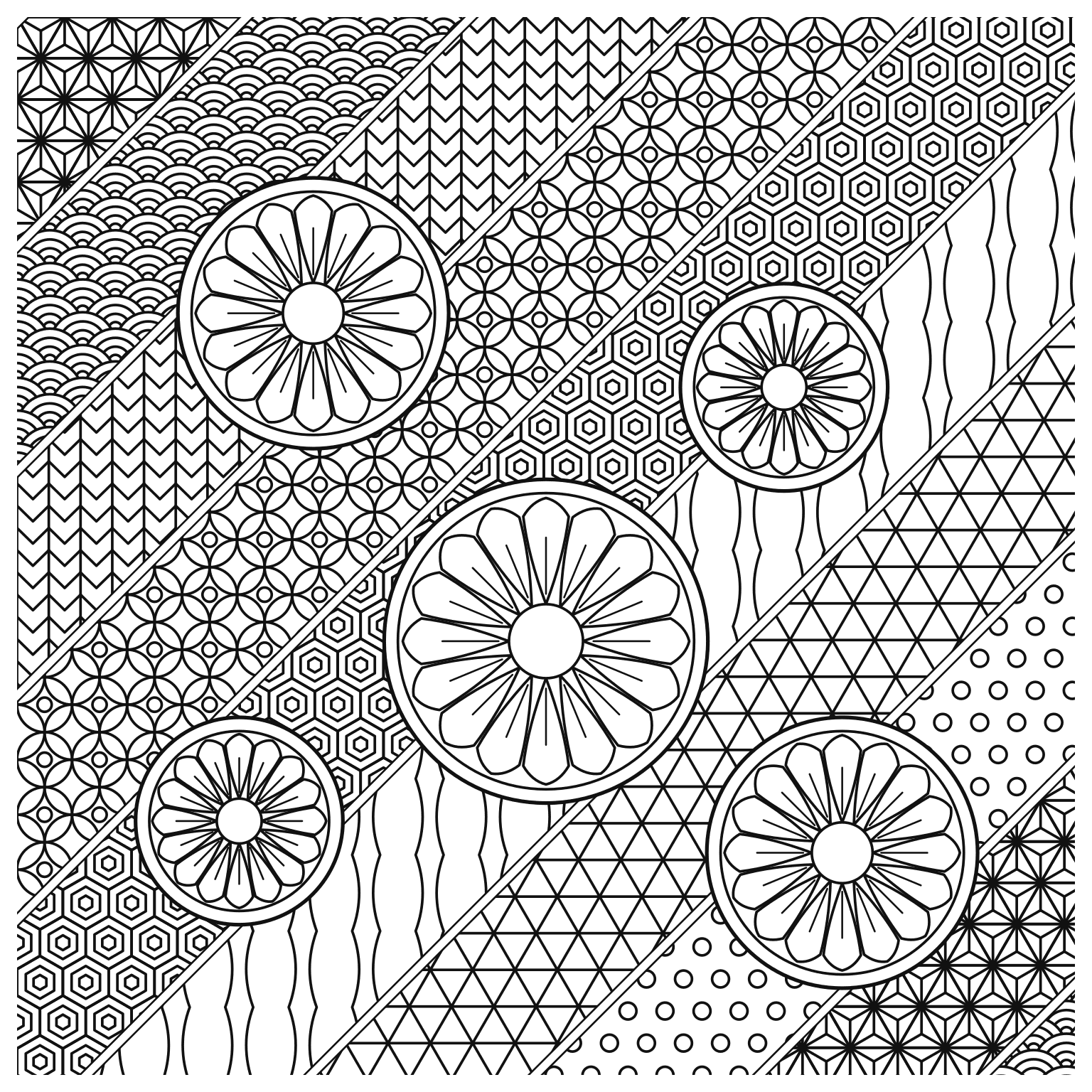 千代紙の帯と菊のぬりえ用線画