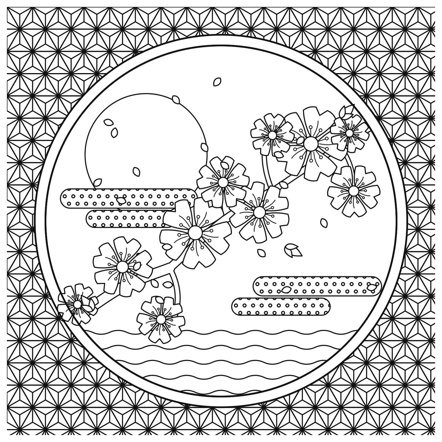 桜と満月のぬりえ用線画