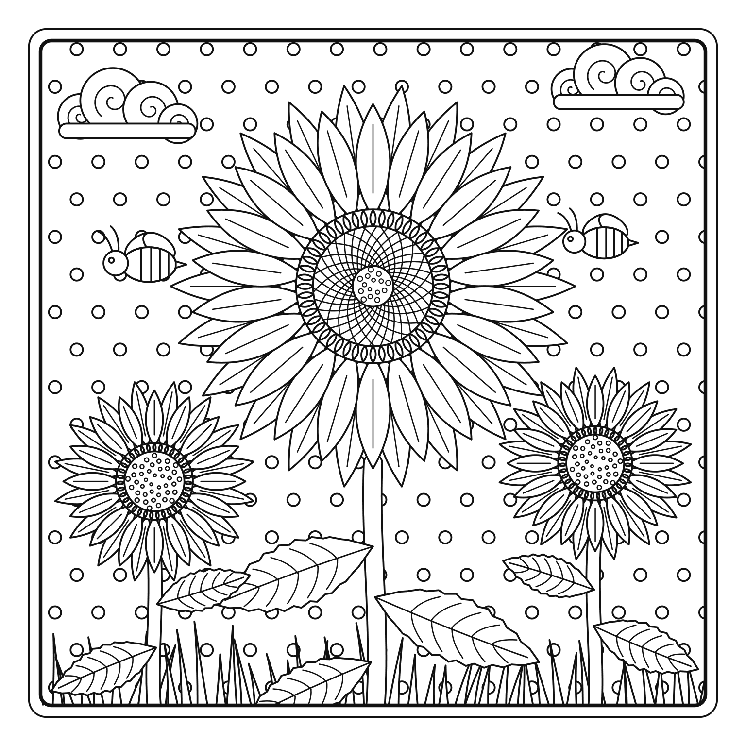 ひまわりとミツバチのぬりえ用線画