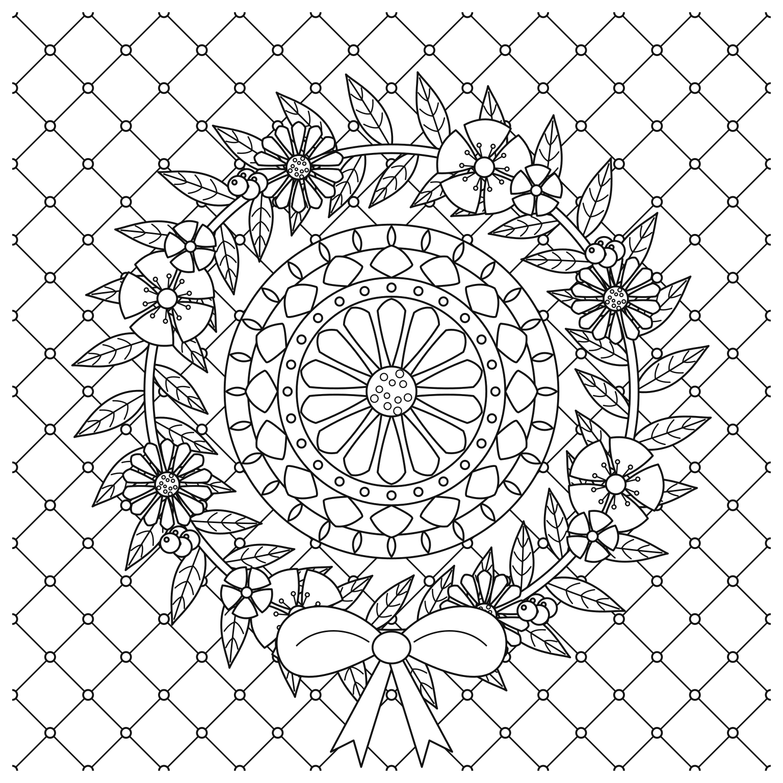 花のリースのぬりえ用線画