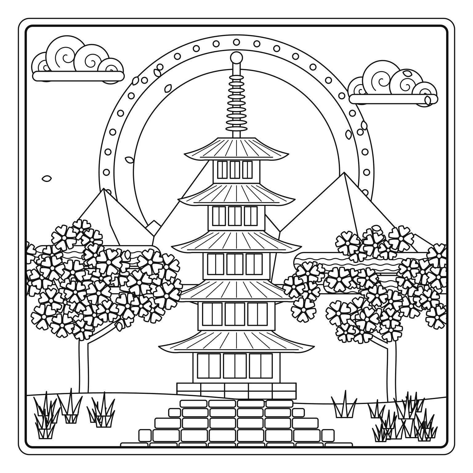 五重塔と桜のぬりえ用線画