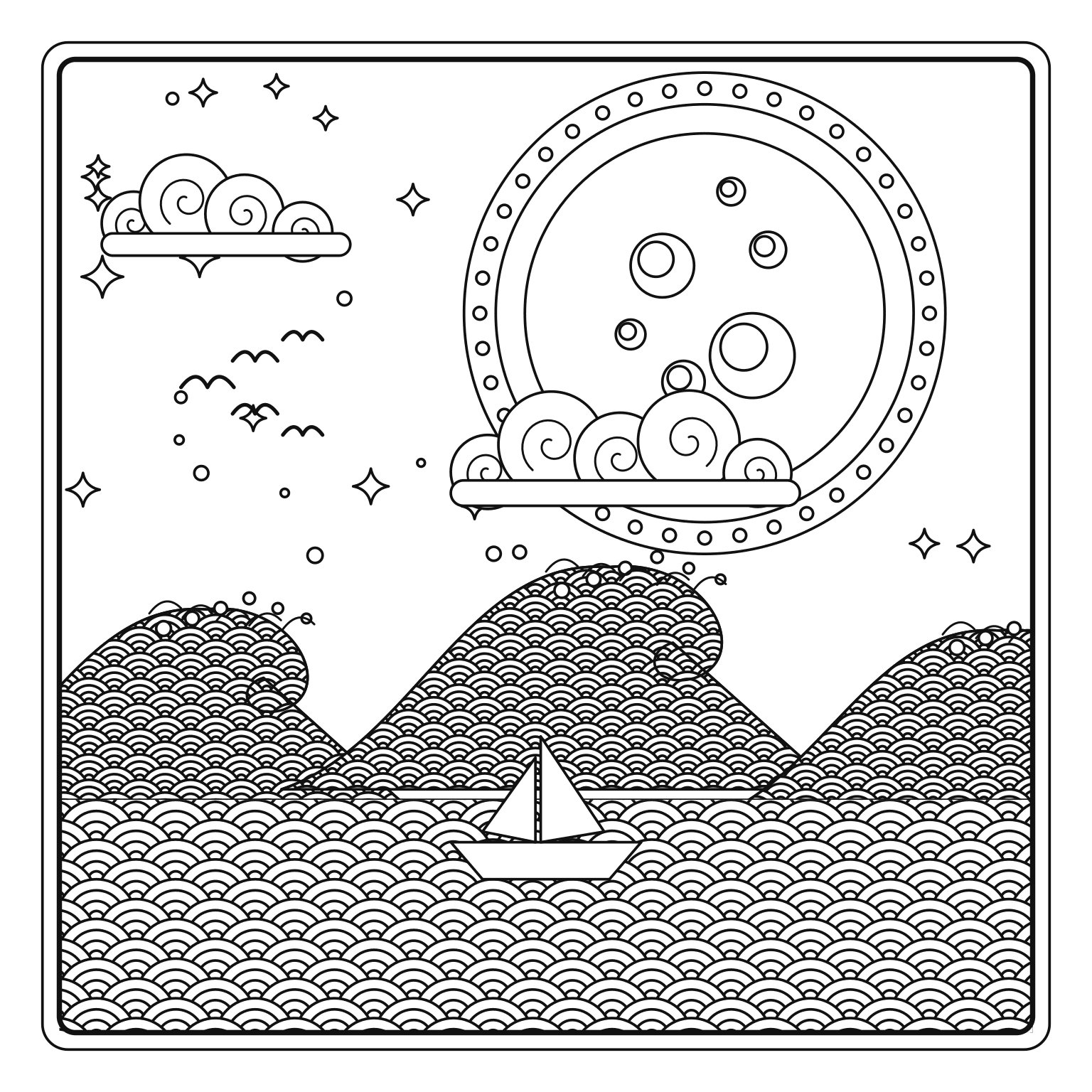満月と波のぬりえ用線画