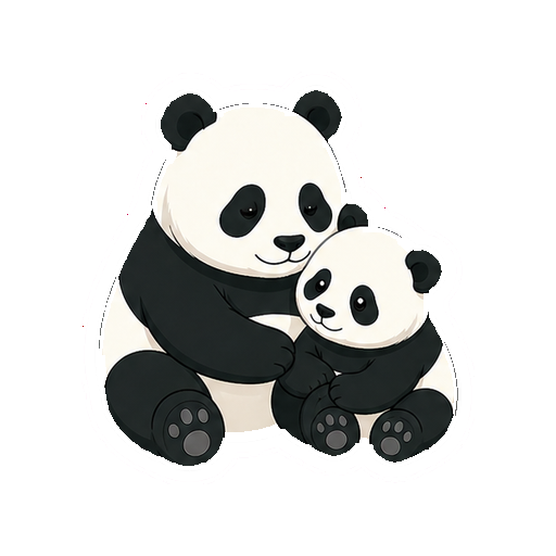 親子で寄り添って座るパンダの全身イラスト