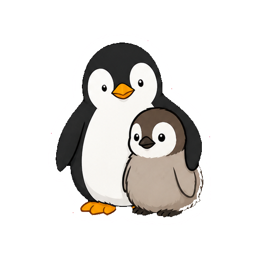 親鳥とヒナが寄り添うペンギン親子の全身イラスト