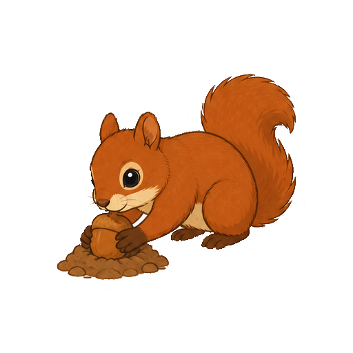 どんぐりを小さな土の山へ隠すりすの全身イラスト