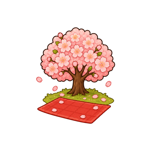 文字がない桜の木とお花見シートの小景アイコン