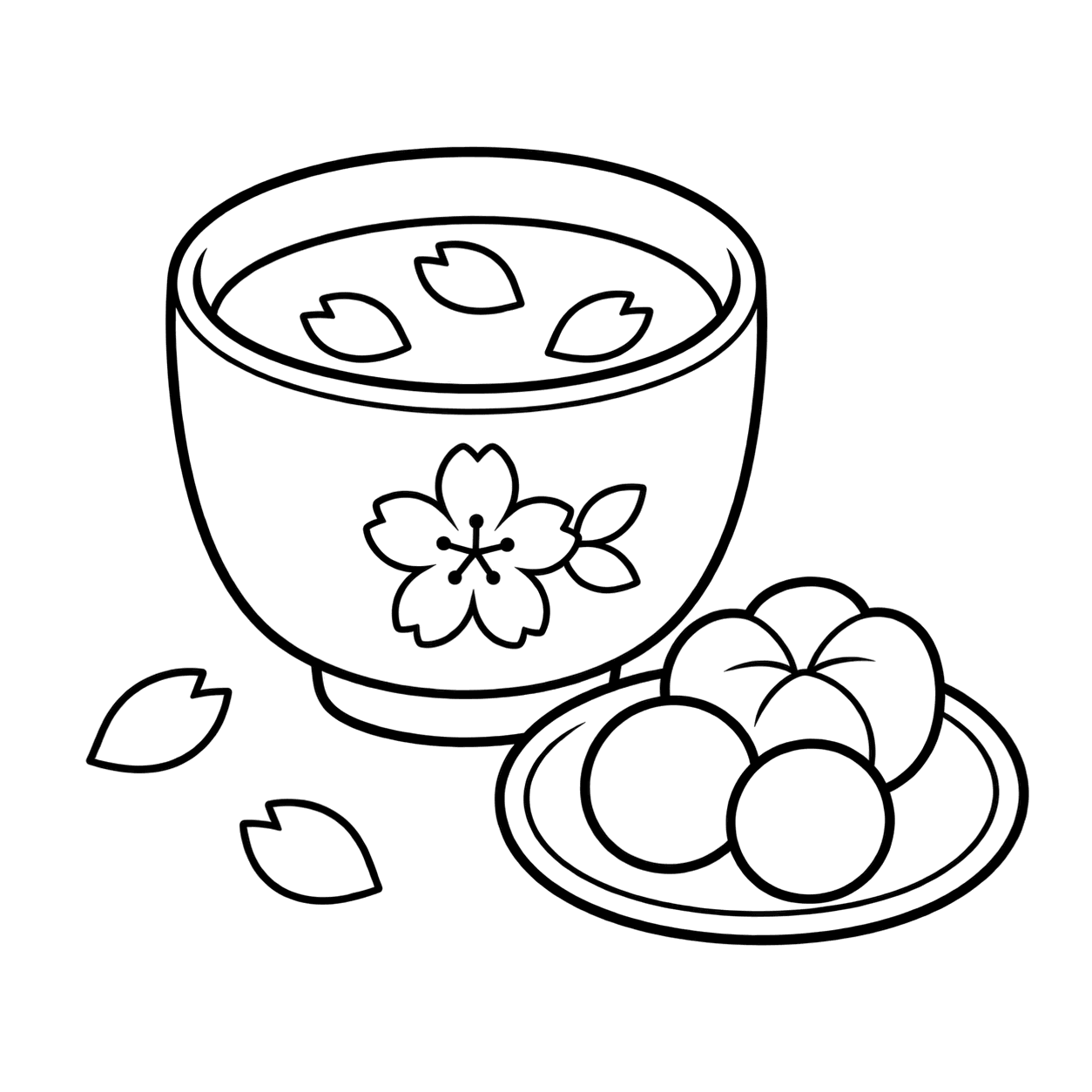 桜のお茶セットのぬりえ用線画