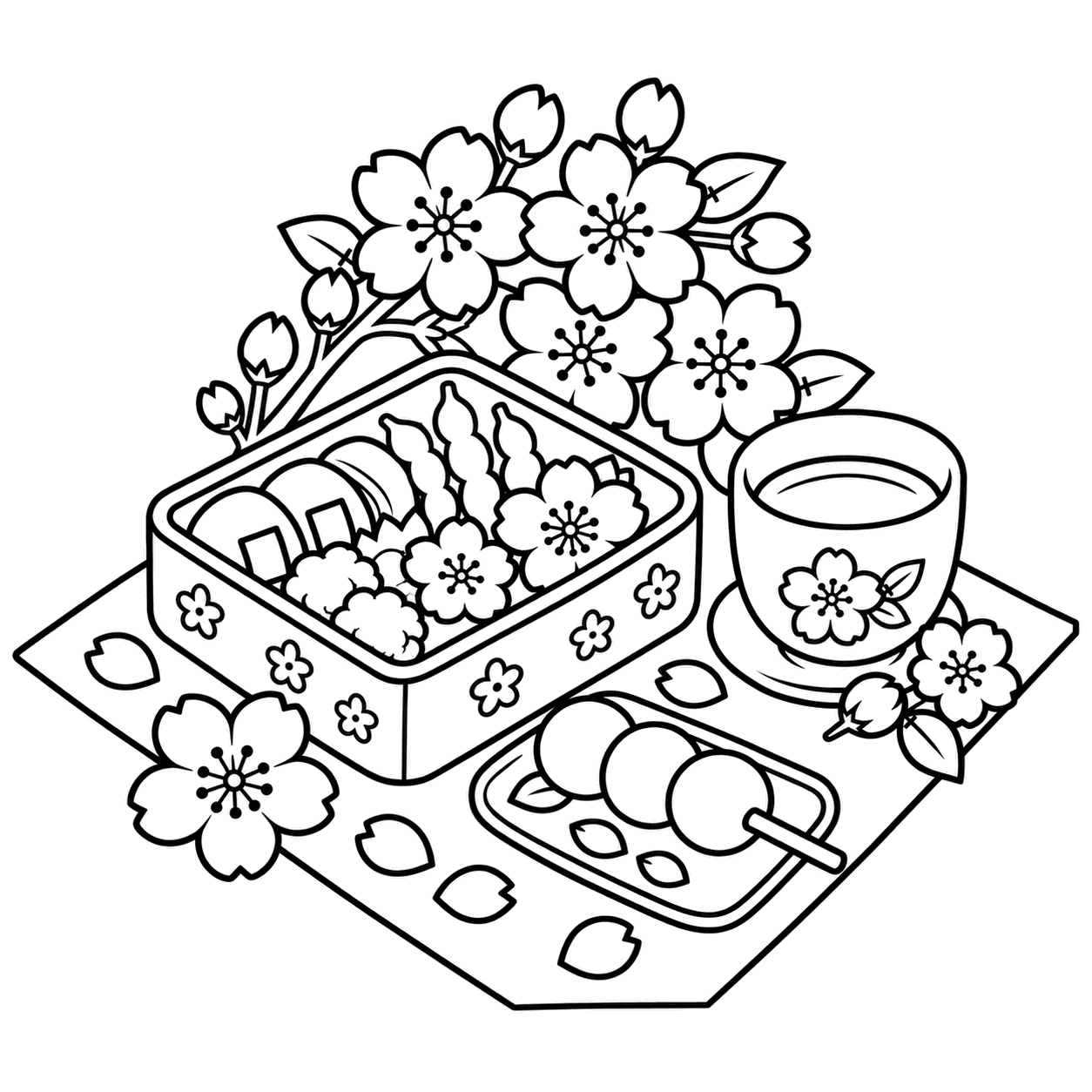 お花見ピクニックセットのぬり絵用線画