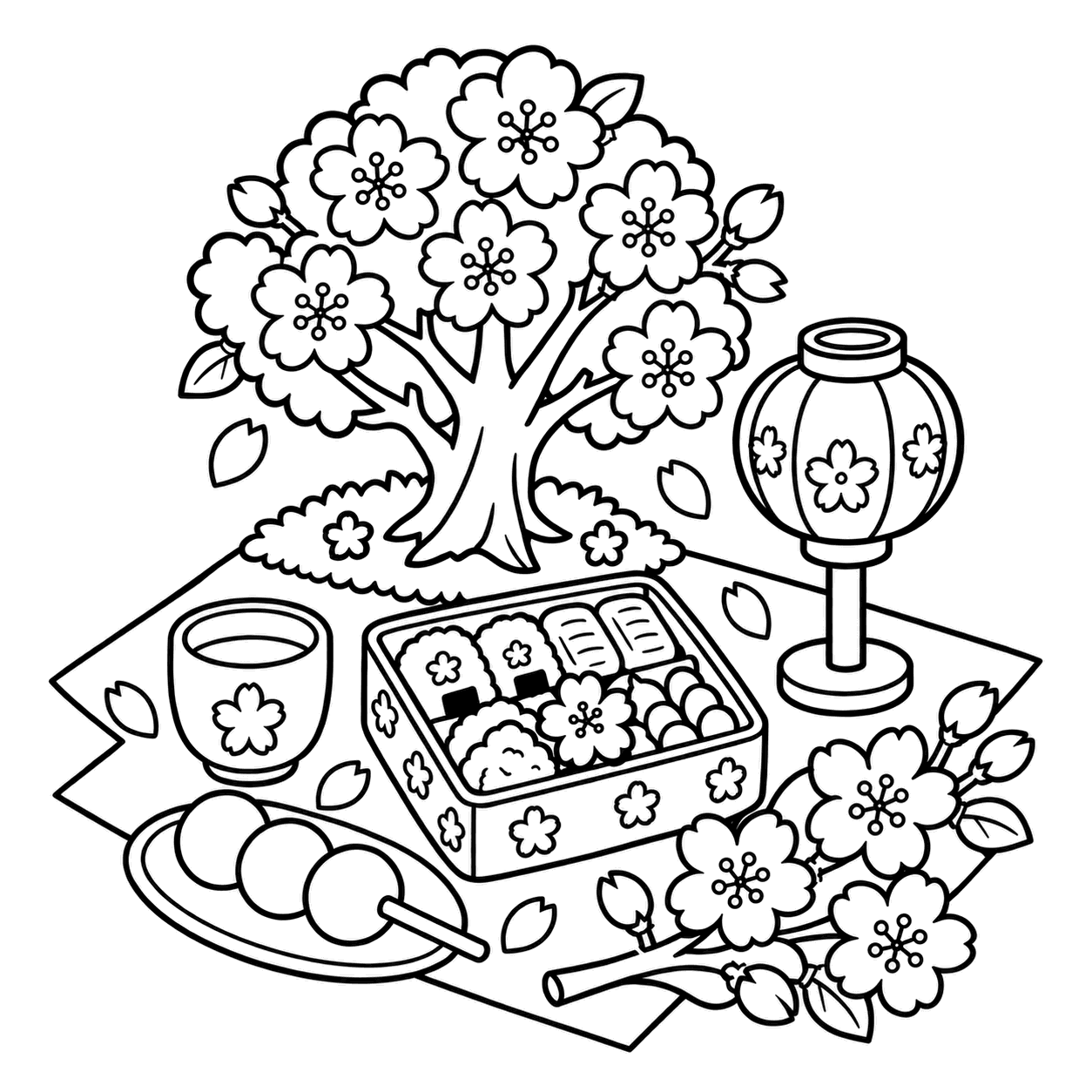 桜とお花見セットのぬり絵用線画