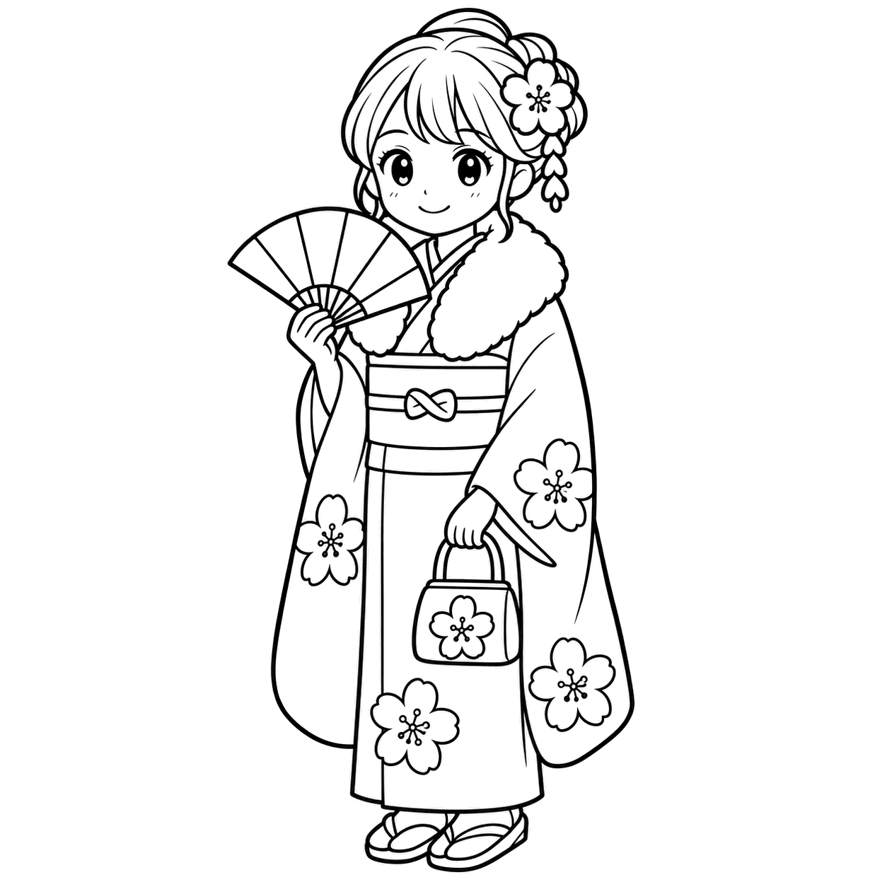赤い振袖の成人のぬりえ用線画（成人式のイラスト・ぬりえ16種類）