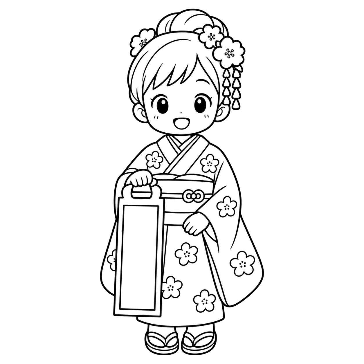 赤い着物の女の子のぬりえ用線画（七五三のイラスト・ぬりえ16種類）
