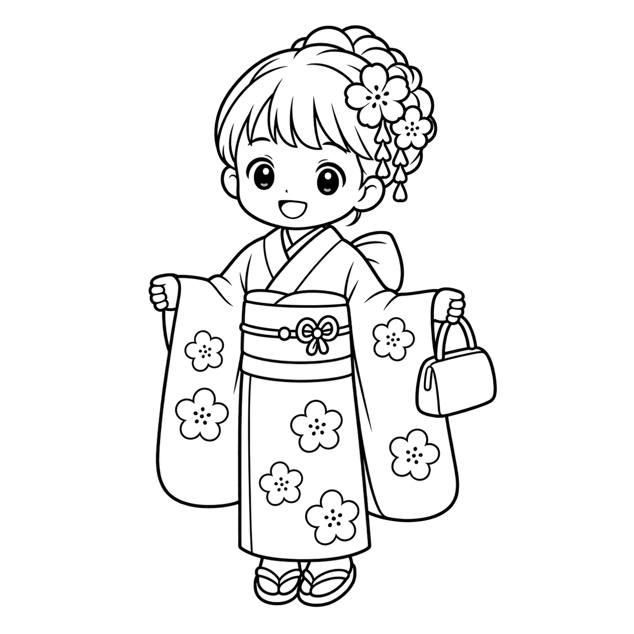 紫の着物の女の子のぬりえ用線画