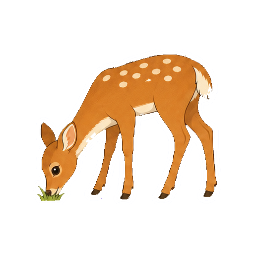 小さな草に口を付けて食べるシカの全身イラスト