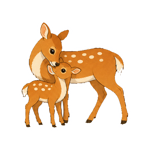 親ジカが子ジカの額へ口元を寄せて寄り添う全身イラスト