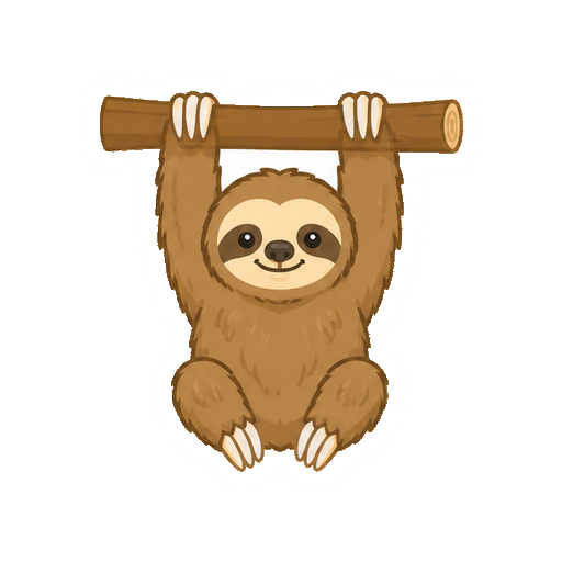 正面を向いて枝からぶら下がるナマケモノの全身イラスト