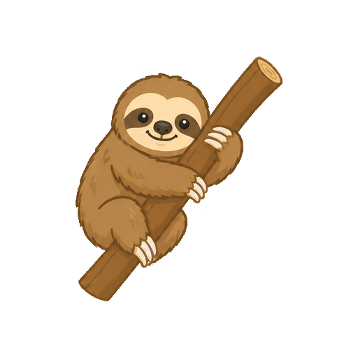 斜め向きで枝を抱くナマケモノの全身イラスト