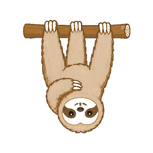 枝から逆さまにぶら下がって顔を上げるナマケモノの全身イラスト