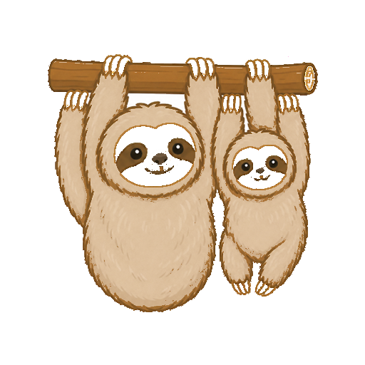 親ナマケモノと子ナマケモノが同じ枝につかまる全身イラスト