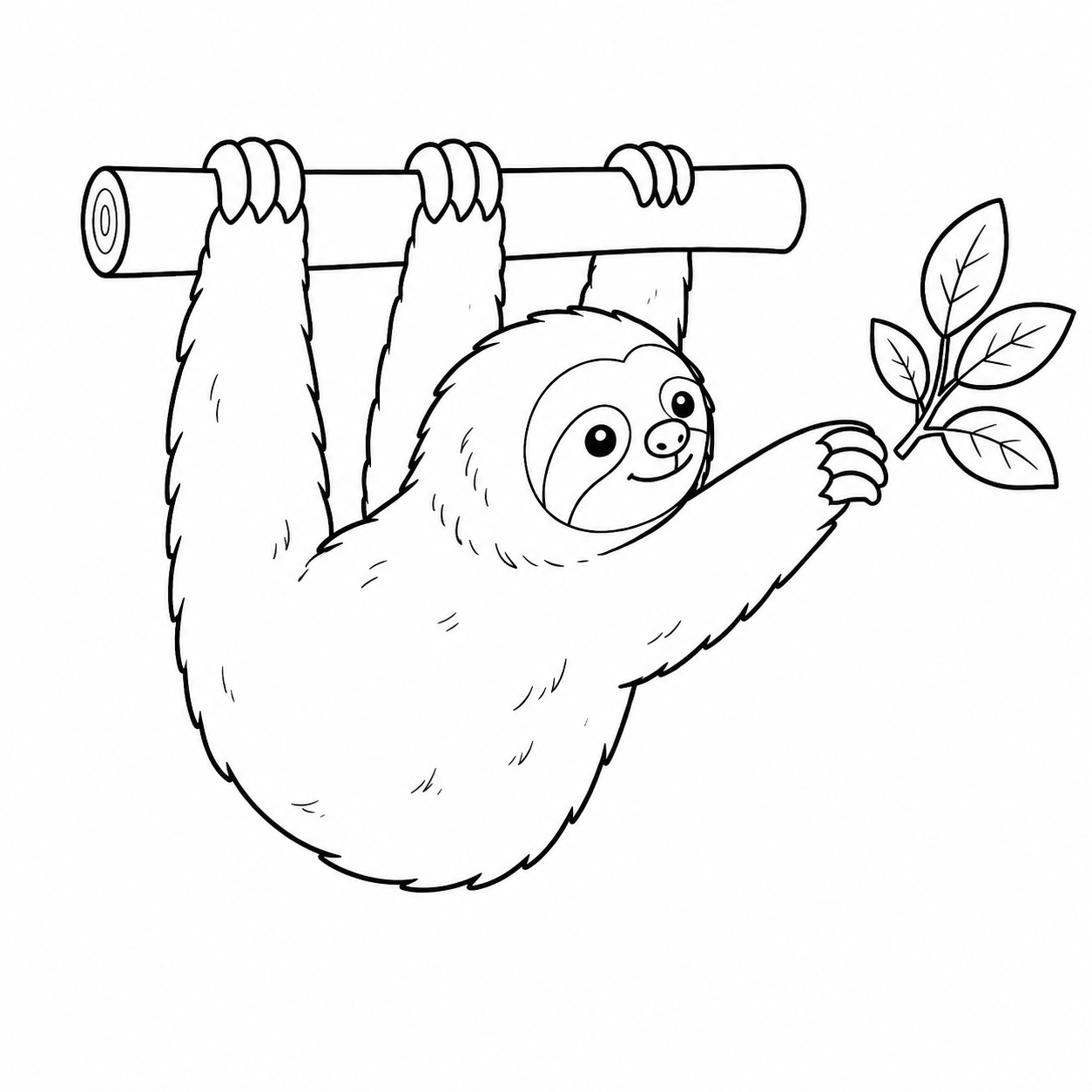 片方の前足を伸ばして葉を取ろうとするナマケモノのぬり絵用線画