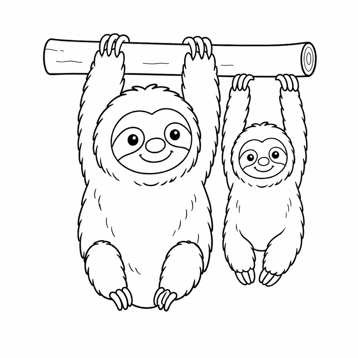親子で枝につかまるナマケモノのぬり絵用線画