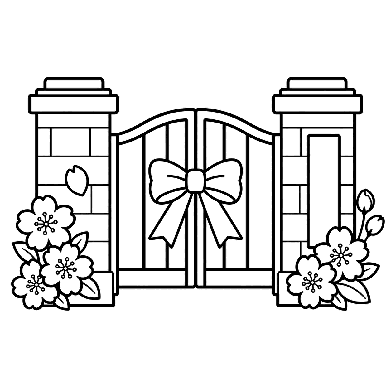 学校の門と桜のぬりえ用線画