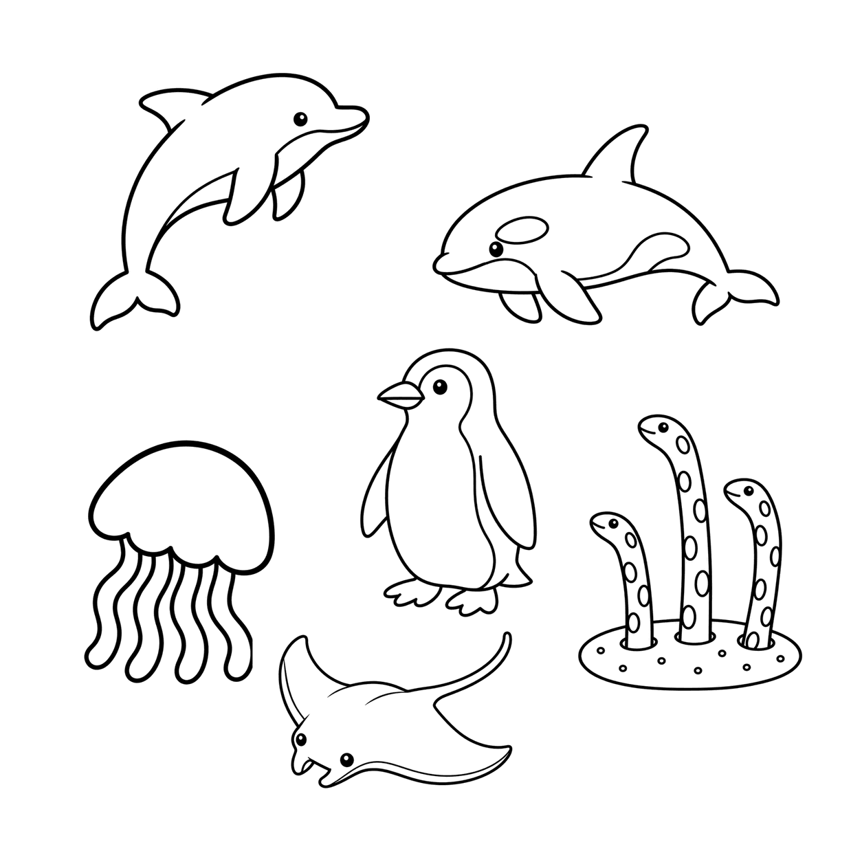 水族館の生き物セットのぬりえ用線画