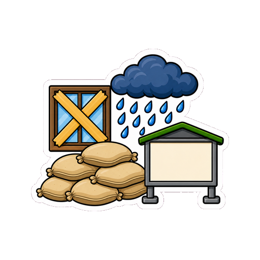 文字がない土のう、養生テープ窓、雨雲の台風対策セットアイコン