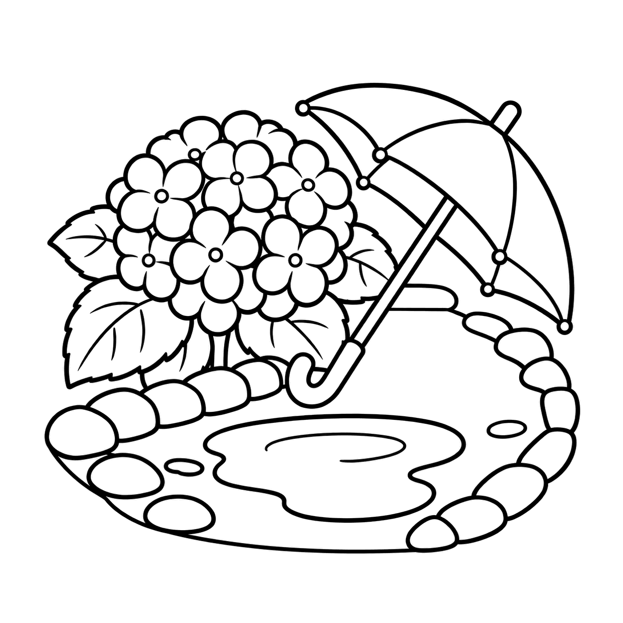 雨の小道とあじさいのぬりえ用線画