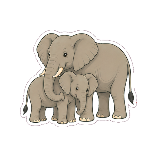 親ゾウが鼻を子ゾウへ添えて寄り添う全身イラスト